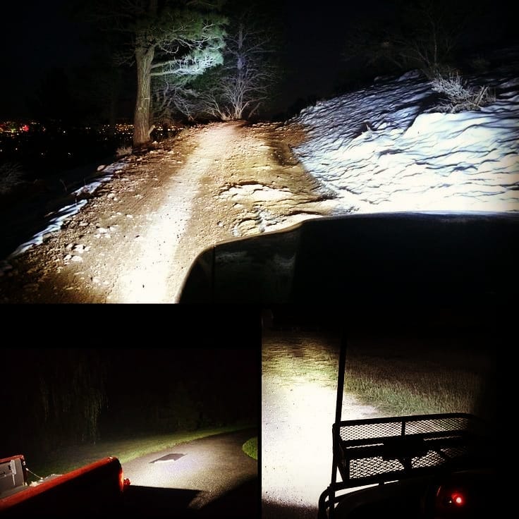 Éclairage LED longue portée illuminant un sentier enneigé la nuit